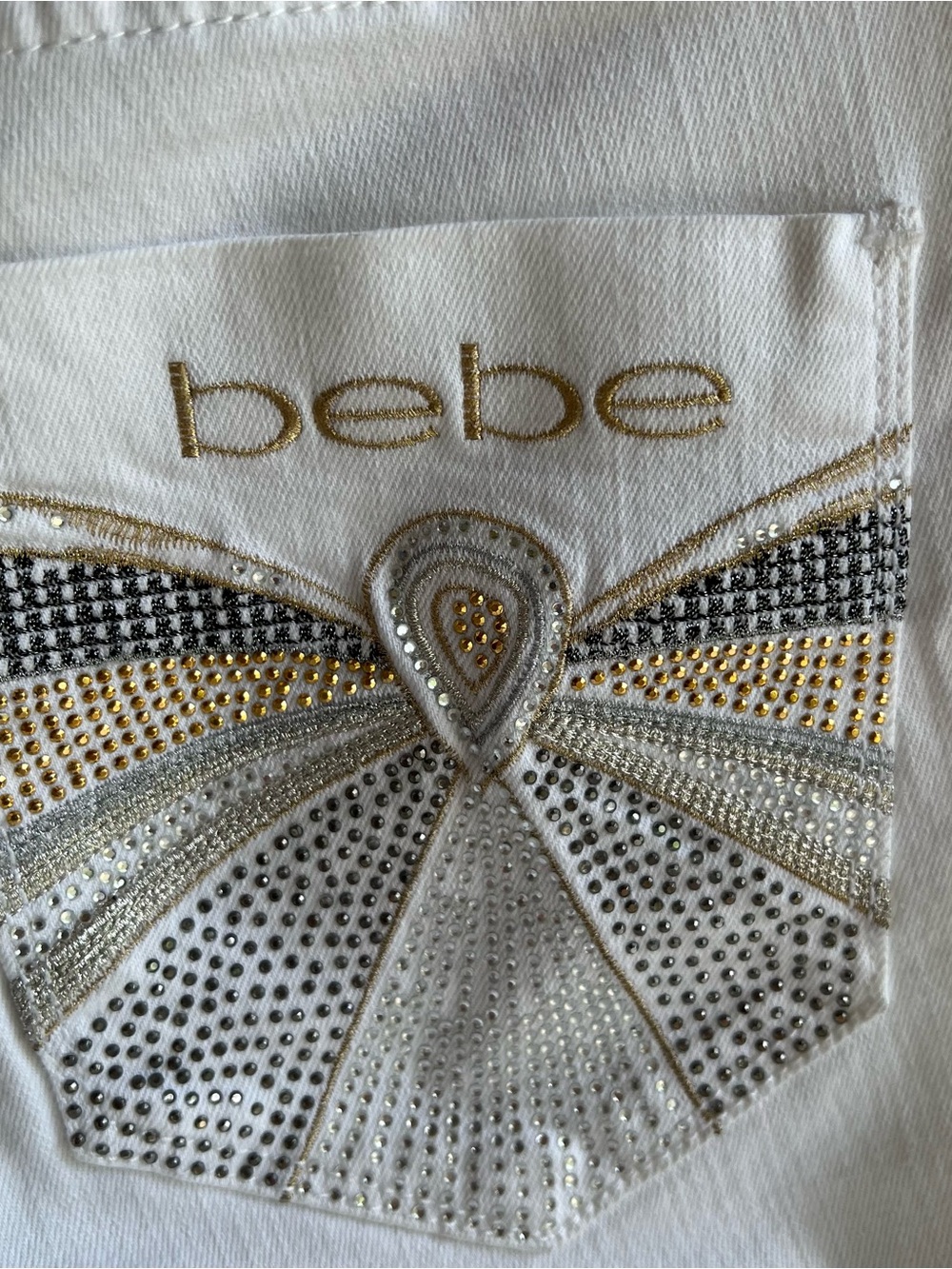Bebe Y2K Off White Skinny Jeans Sz 29 Silver Gold Embellished Rhinestones